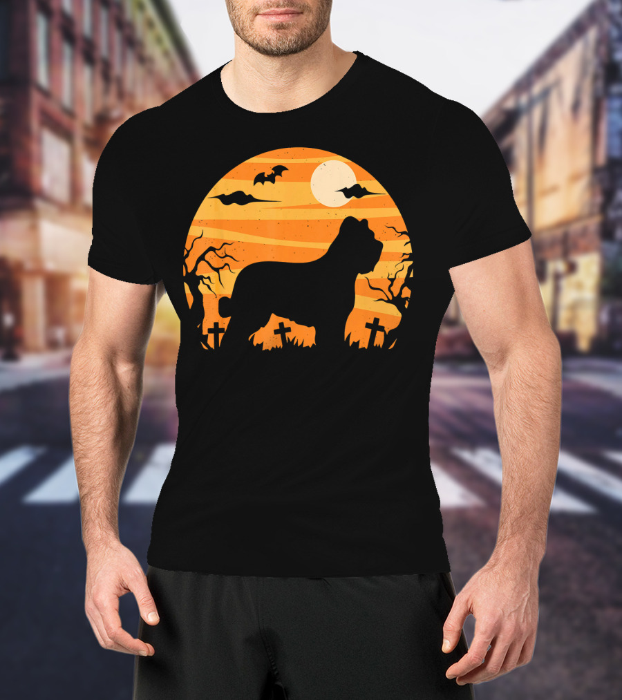 Briard Dog Halloween Moonlit Graveyard Scene T-Shirt