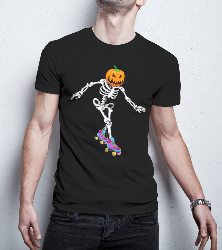 Halloween Skeleton Pumpkin Head Roller Skater T-Shirt