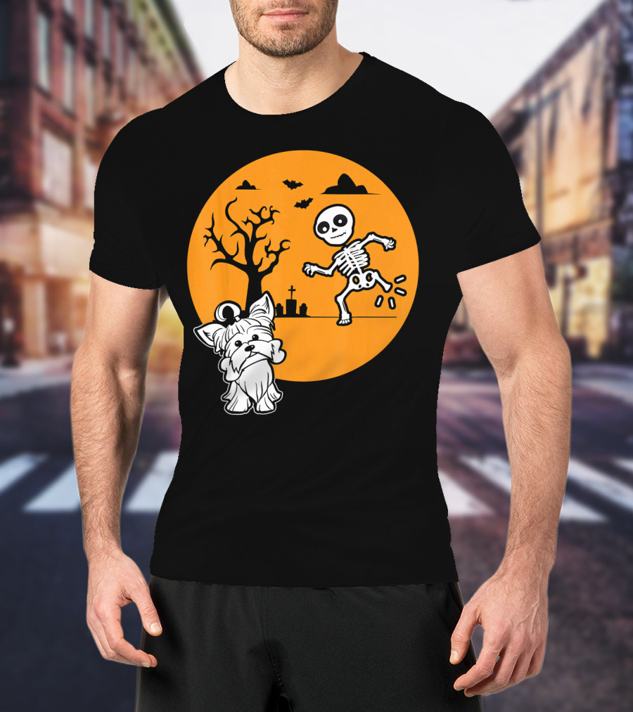 Yorkshire Terrier Halloween Costume Skeleton Dance Moon Bat Graveyard T-Shirt