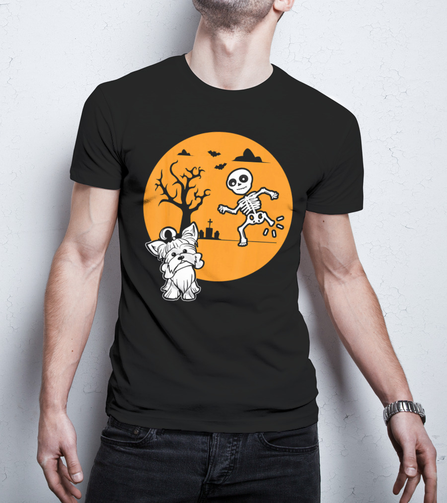 Yorkshire Terrier Halloween Costume Skeleton Dance Moon Bat Graveyard T-Shirt