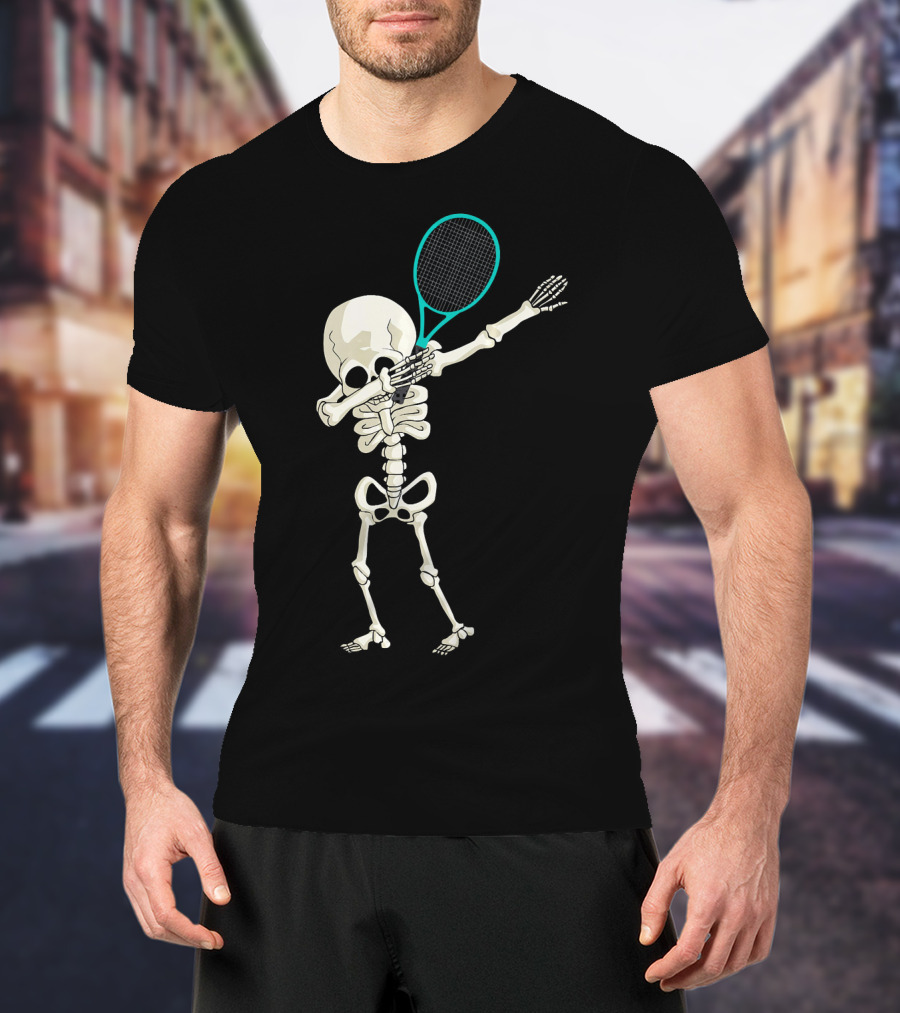 Halloween Skeleton Tennis Dabbing Spooky Racket Pose T-Shirt