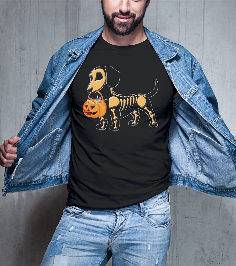 Happy Halloween Funny Dachshund Pumpkin Dog Skeleton Candy T-Shirt