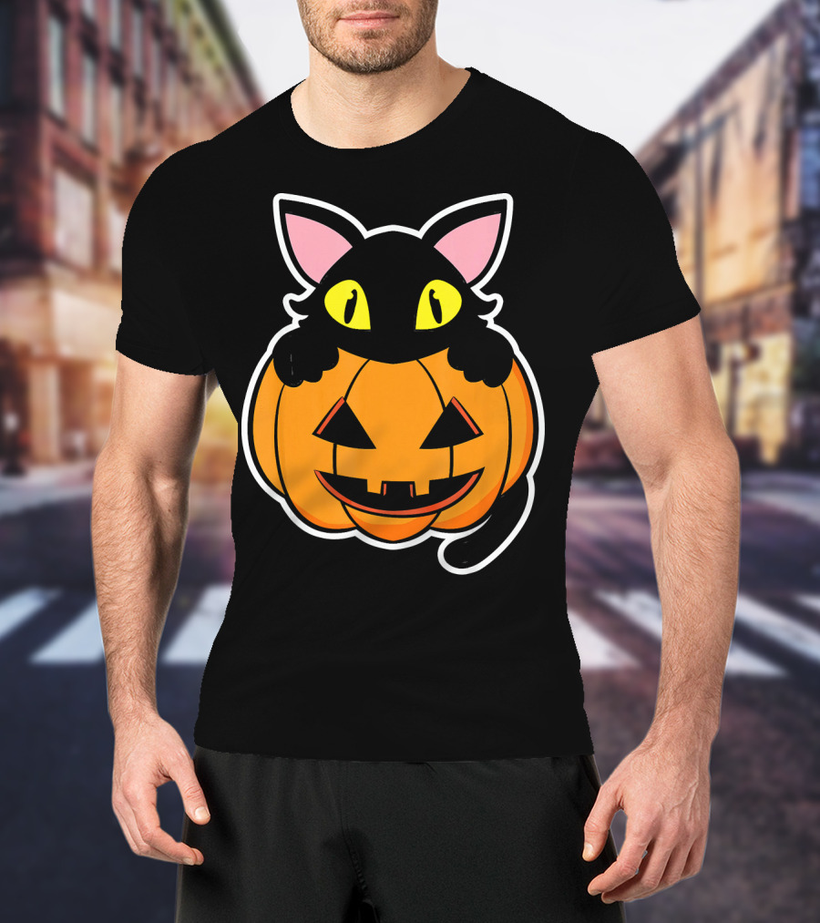 Black Cat Peeking Over Pumpkin Funny Scary Happy Halloween T-Shirt