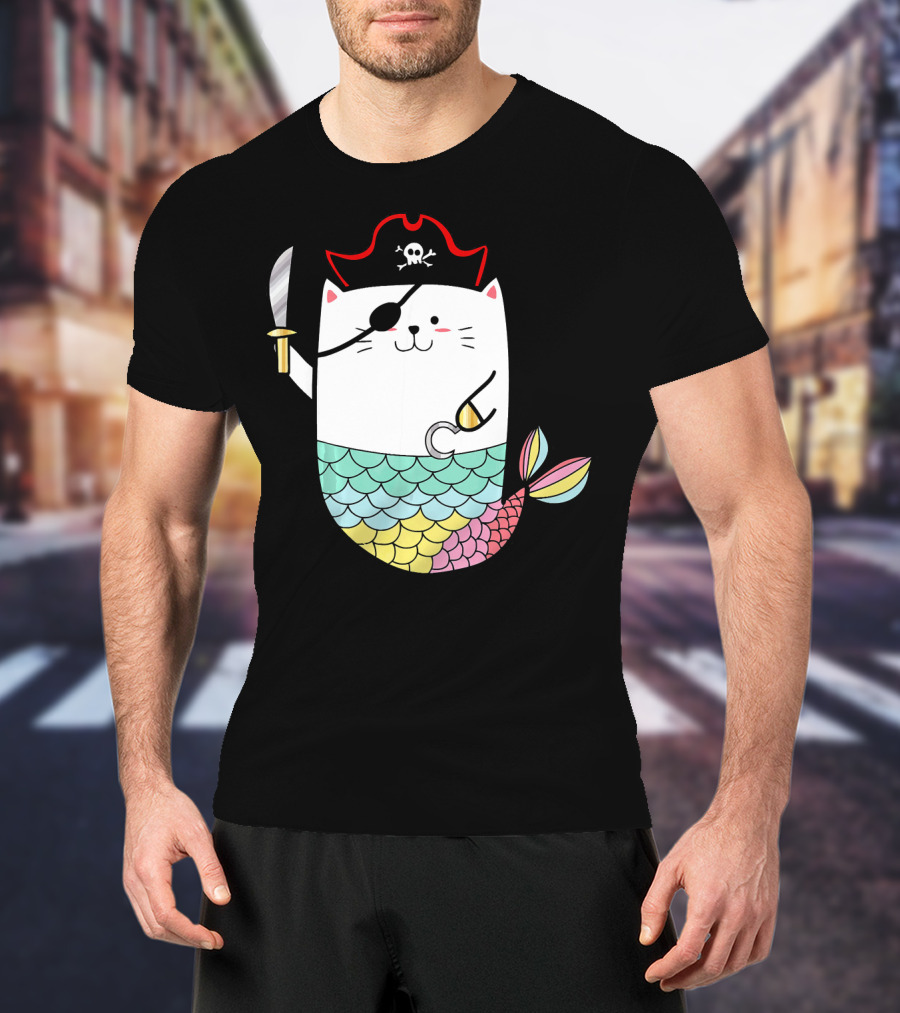 Halloween Mermaid Pirate Cat With Eye Patch And Sword T-Shirt