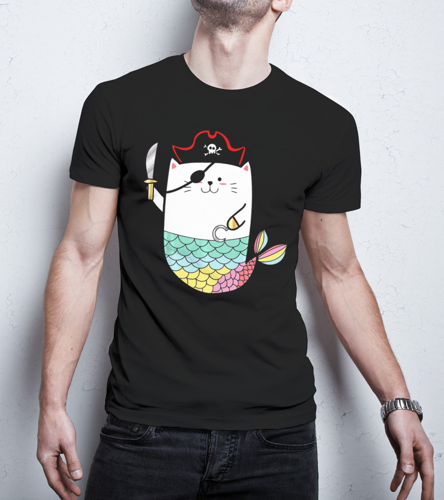 Halloween Mermaid Pirate Cat With Eye Patch And Sword T-Shirt