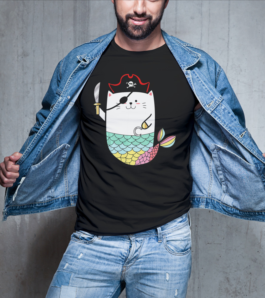 Halloween Mermaid Pirate Cat With Eye Patch And Sword T-Shirt