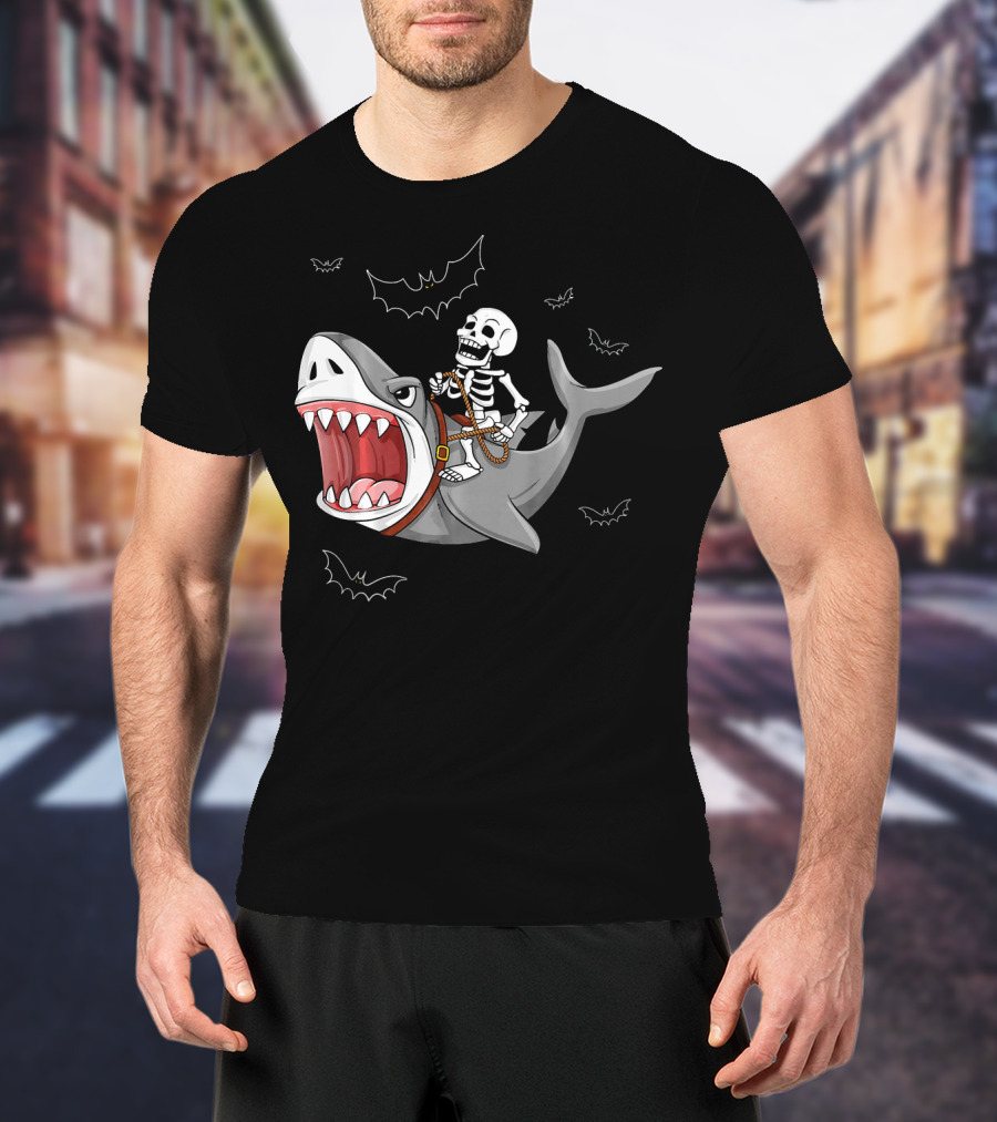 Skeleton Riding Shark Funny Halloween Bat T-Shirt