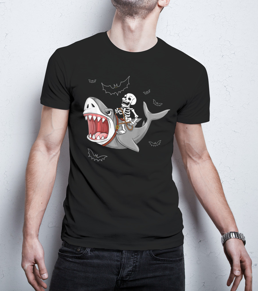 Skeleton Riding Shark Funny Halloween Bat T-Shirt