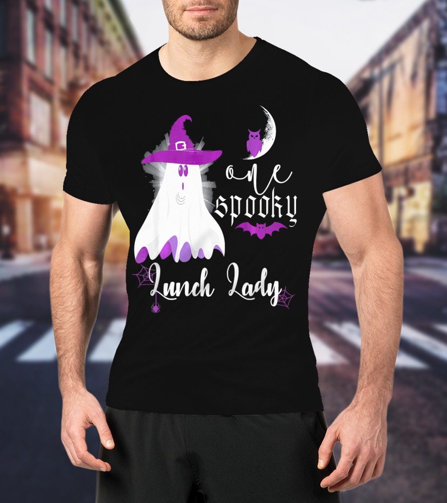 One Spooky Lunch Lady Halloween Ghost With Purple Bat And Moon T-Shirt