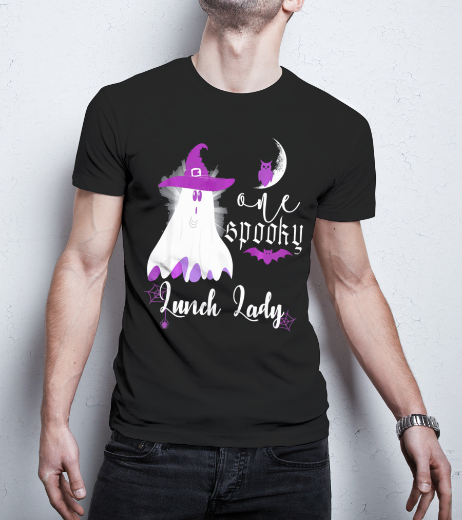One Spooky Lunch Lady Halloween Ghost With Purple Bat And Moon T-Shirt