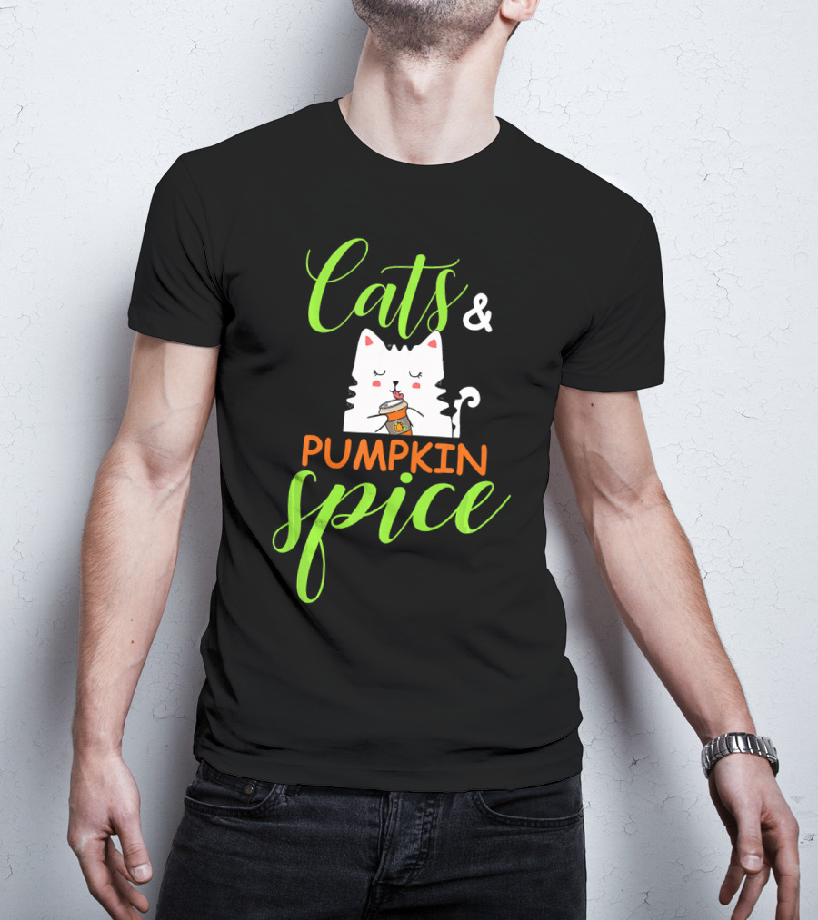 Cats And Pumpkin Spice Fall Autumn Cozy Cat With Coffee Cup T-Shirt
