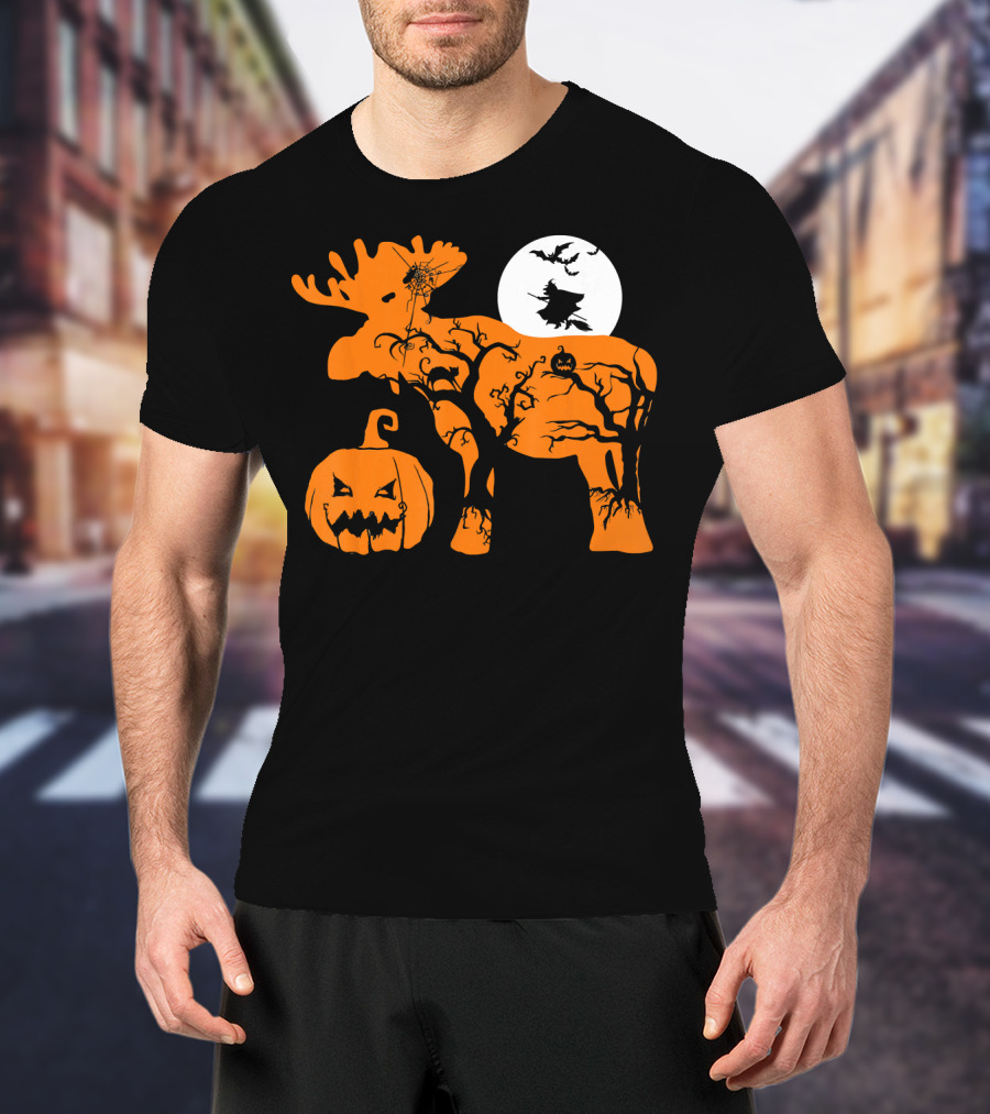Witch Bat Moon Pumpkin Moose With Spider Web T-Shirt