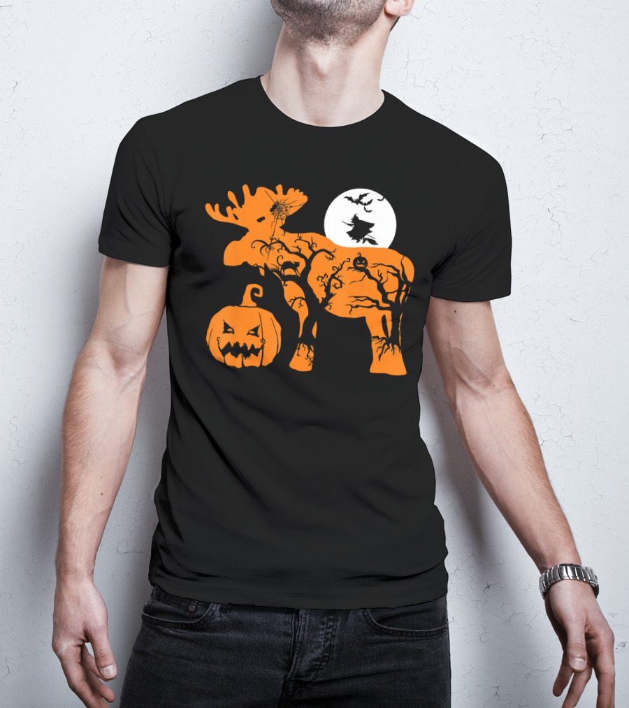 Witch Bat Moon Pumpkin Moose With Spider Web T-Shirt