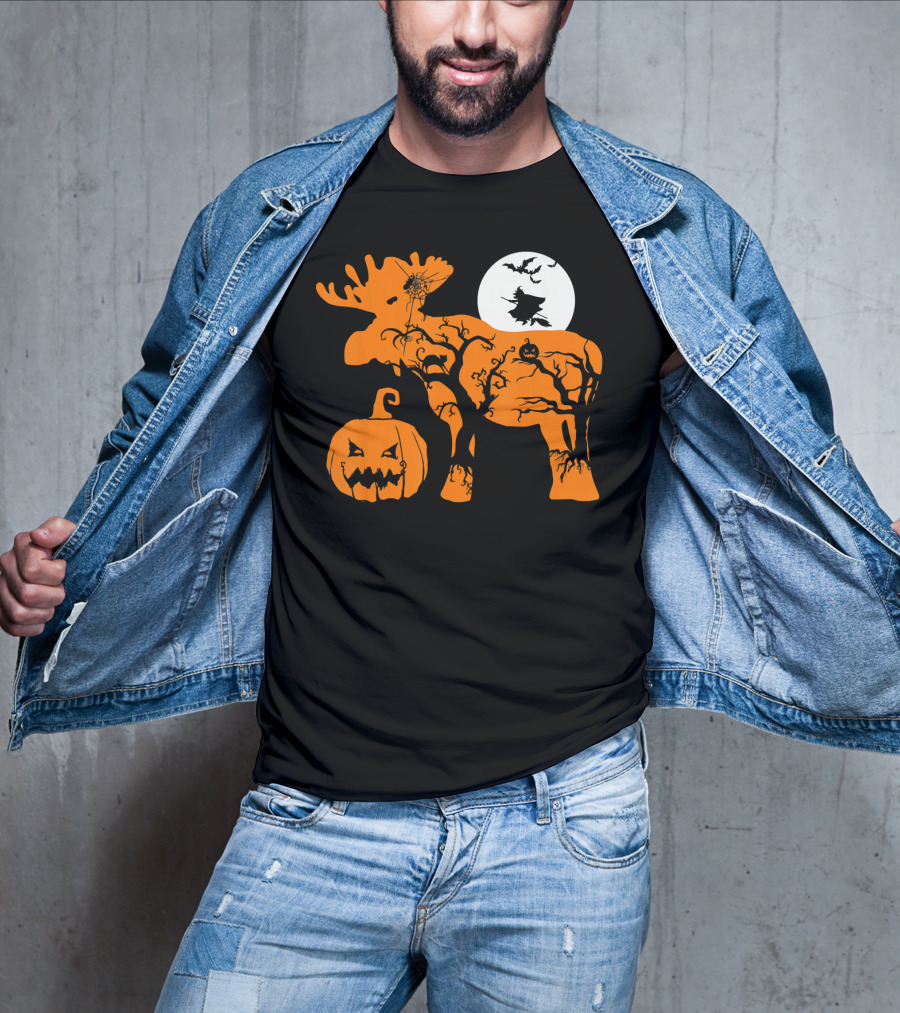 Witch Bat Moon Pumpkin Moose With Spider Web T-Shirt