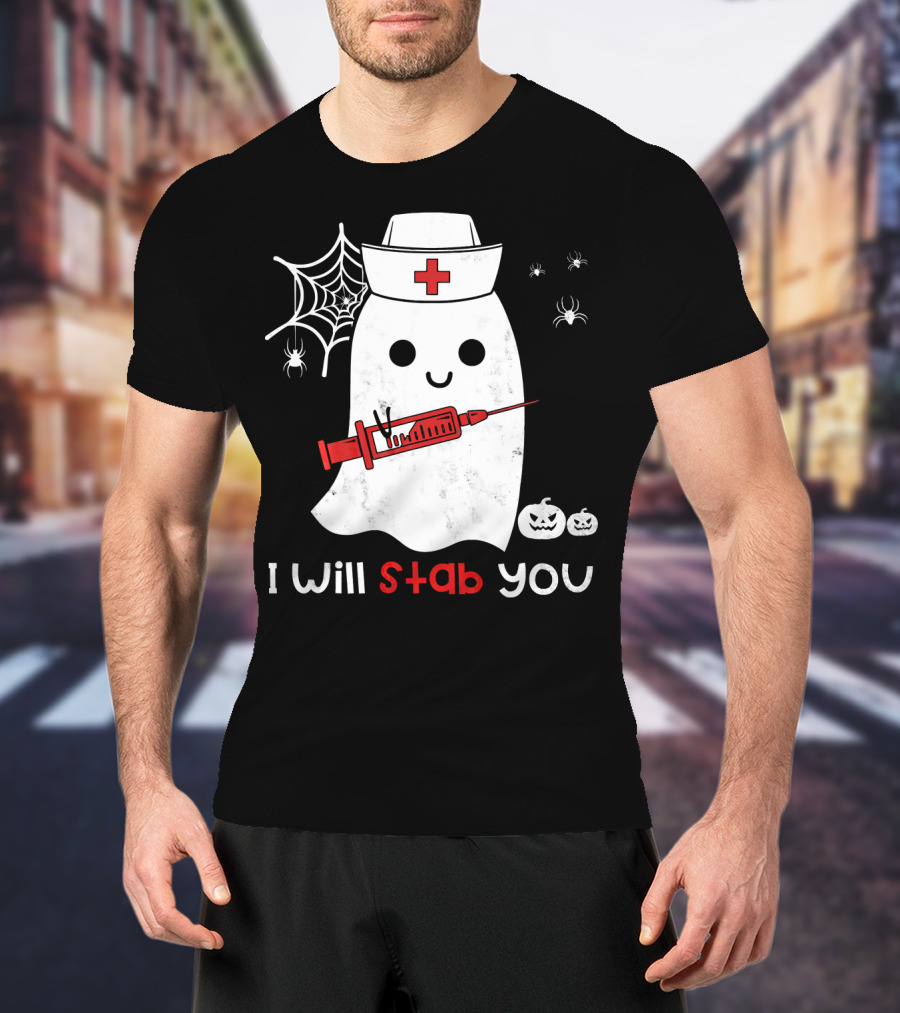Nurse Ghost I Will Stab You Halloween Spiders Pumpkins T-Shirt
