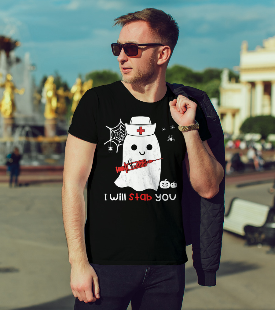 Nurse Ghost I Will Stab You Halloween Spiders Pumpkins T-Shirt