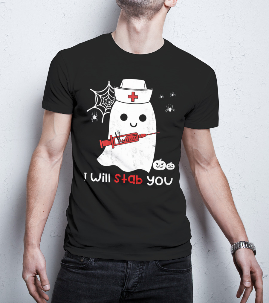 Nurse Ghost I Will Stab You Halloween Spiders Pumpkins T-Shirt