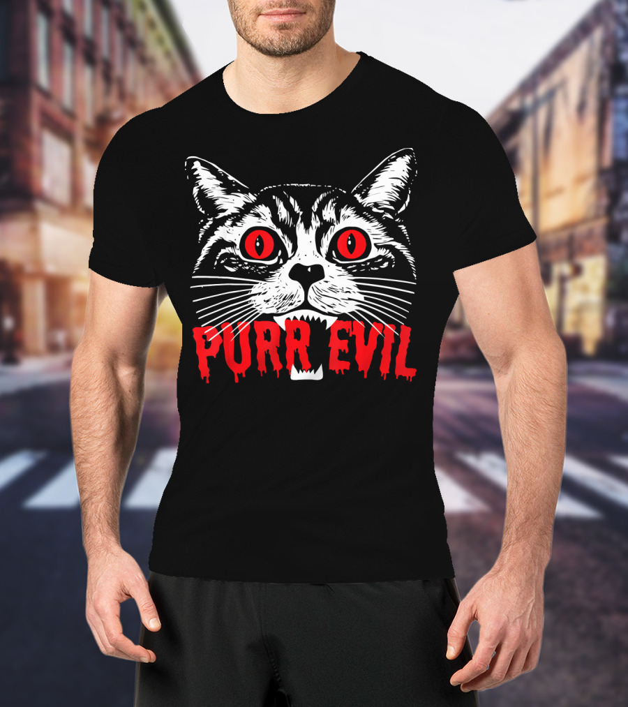 Purr Evil Satanic Cat Red Eyes Halloween T-Shirt