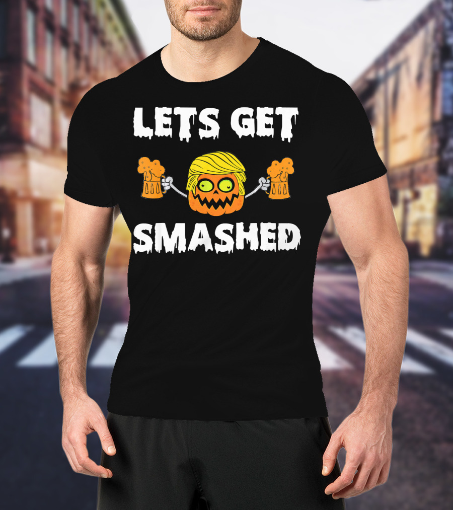 Lets Get Smashed Pumpkin Holding Beer Mugs With Blonde Hair T-Shirt