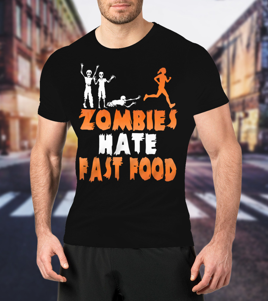 Zombies Hate Fast Food Skeletons Chasing Runner T-Shirt