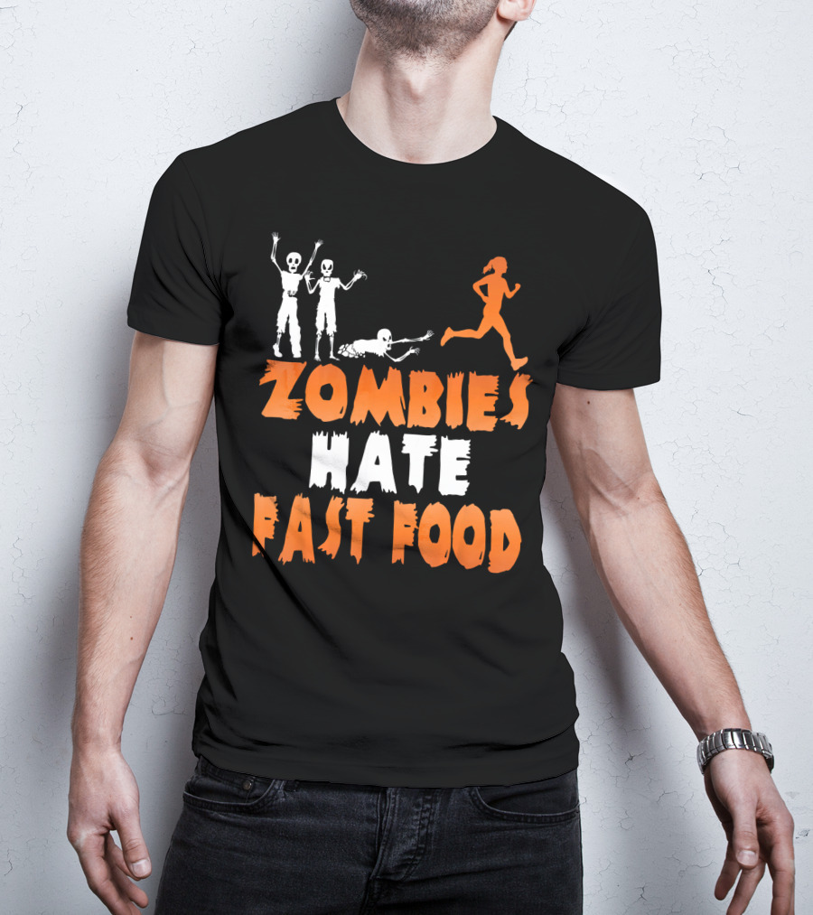 Zombies Hate Fast Food Skeletons Chasing Runner T-Shirt