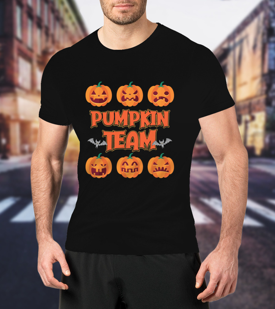 Pumpkin Team Halloween Party Cos With Jack-O'-Lantern Faces And Bat Accents T-Shirt
