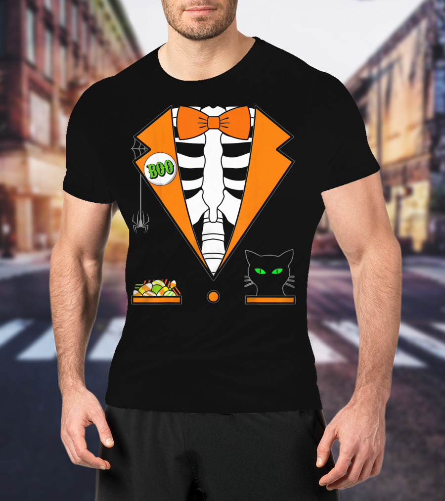 Easy Halloween Costume Orange Skeleton Tuxedo With Candy Bowl And Black Cat T-Shirt