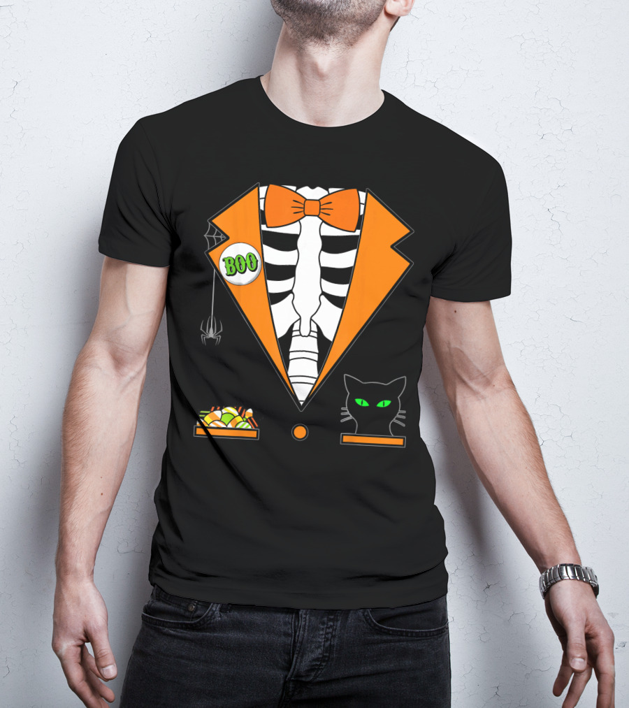 Easy Halloween Costume Orange Skeleton Tuxedo With Candy Bowl And Black Cat T-Shirt