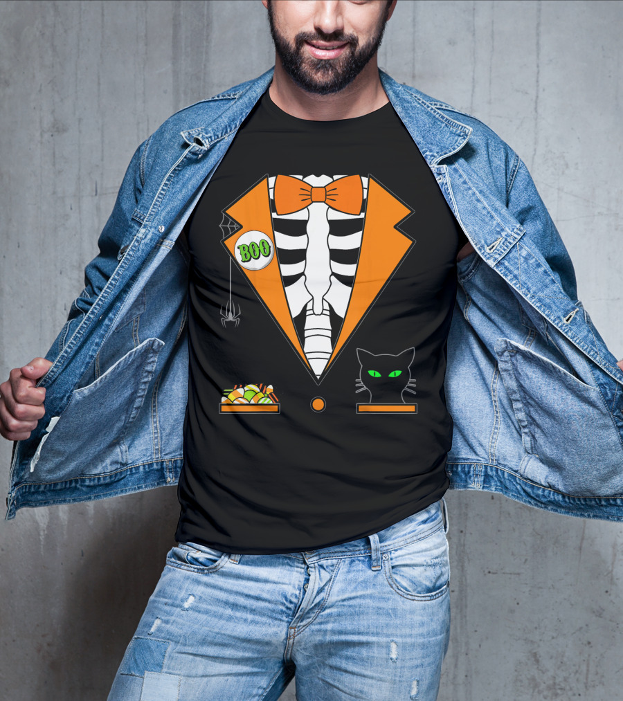 Easy Halloween Costume Orange Skeleton Tuxedo With Candy Bowl And Black Cat T-Shirt