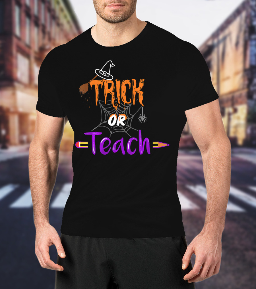 Trick Or Teach Funny Halloween Spider Witch Hat Pencil T-Shirt