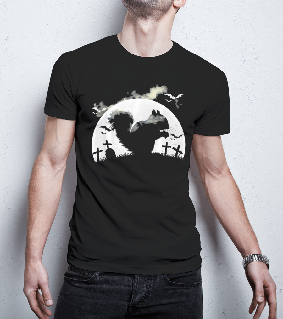 Spooky Halloween Rodent In Graveyard With Full Moon And Bats T-Shirt