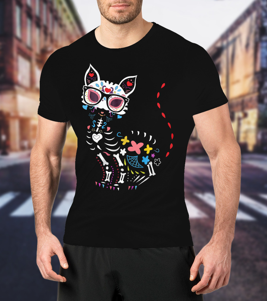 Colorful Day Of The Dead Black Cat Halloween T-Shirt