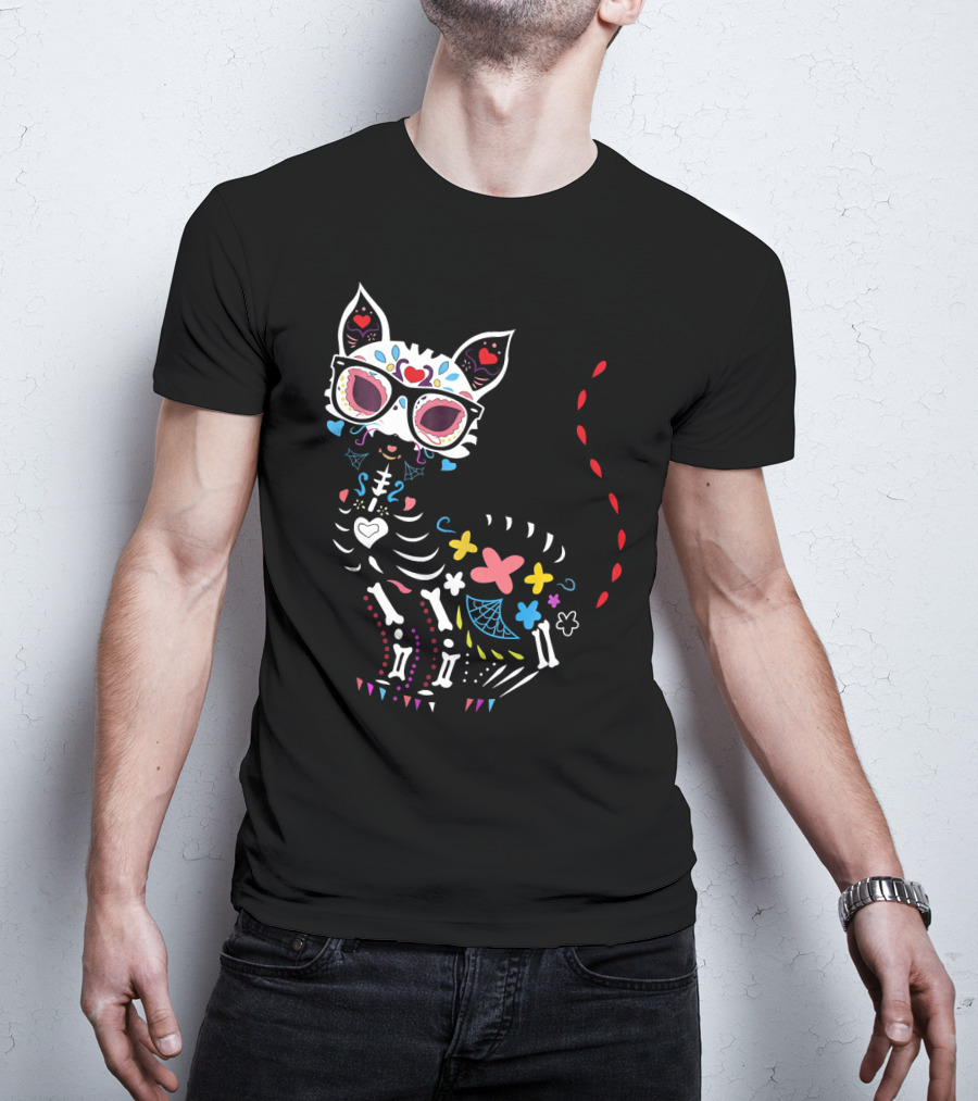Colorful Day Of The Dead Black Cat Halloween T-Shirt