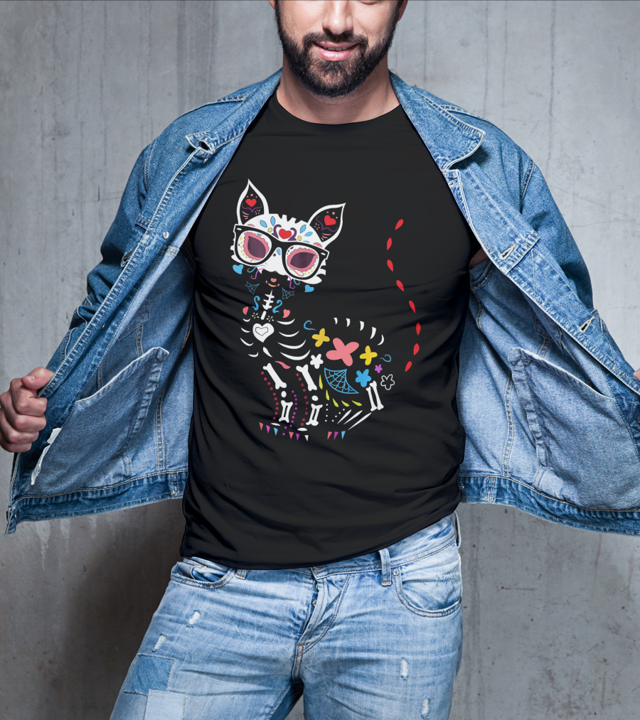 Colorful Day Of The Dead Black Cat Halloween T-Shirt