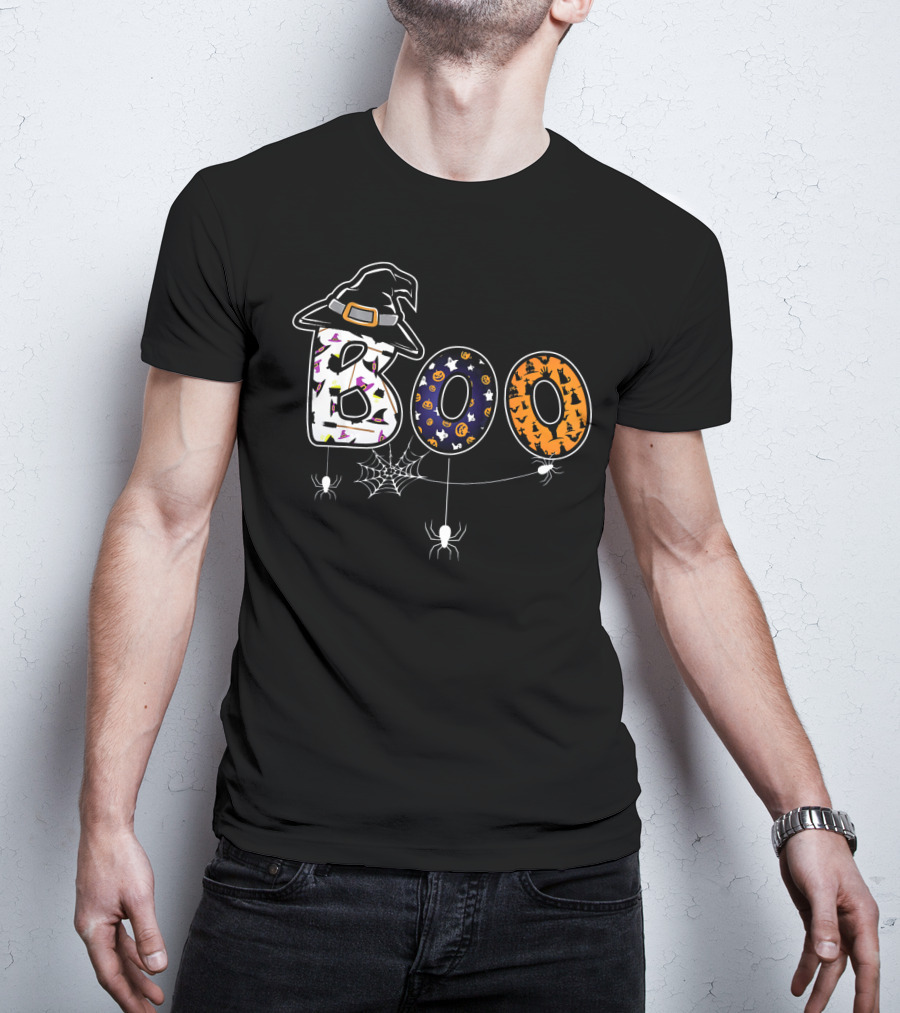 Boo Halloween Witch Hat Spider Web Letters T-Shirt