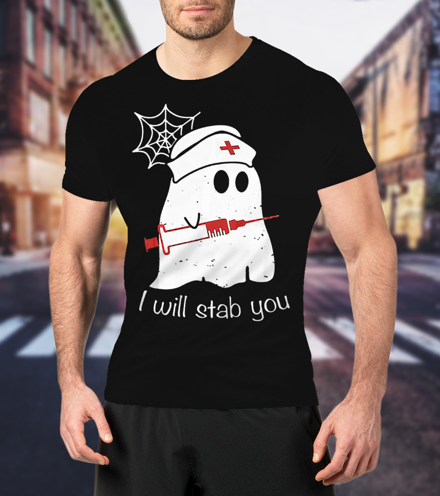 I Will Stab You Ghost Nurse Fun Halloween Syringe Spider Web T-Shirt