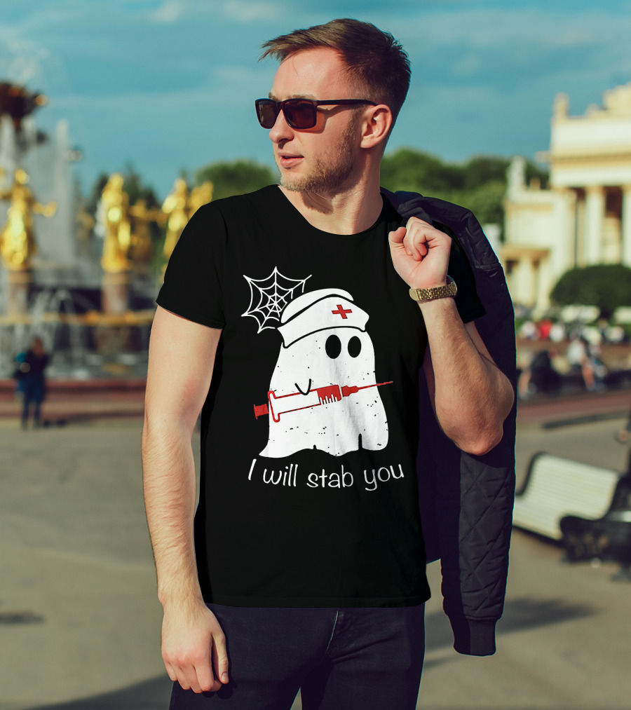 I Will Stab You Ghost Nurse Fun Halloween Syringe Spider Web T-Shirt