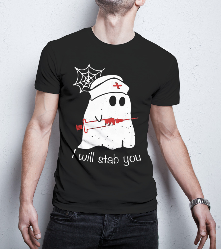 I Will Stab You Ghost Nurse Fun Halloween Syringe Spider Web T-Shirt