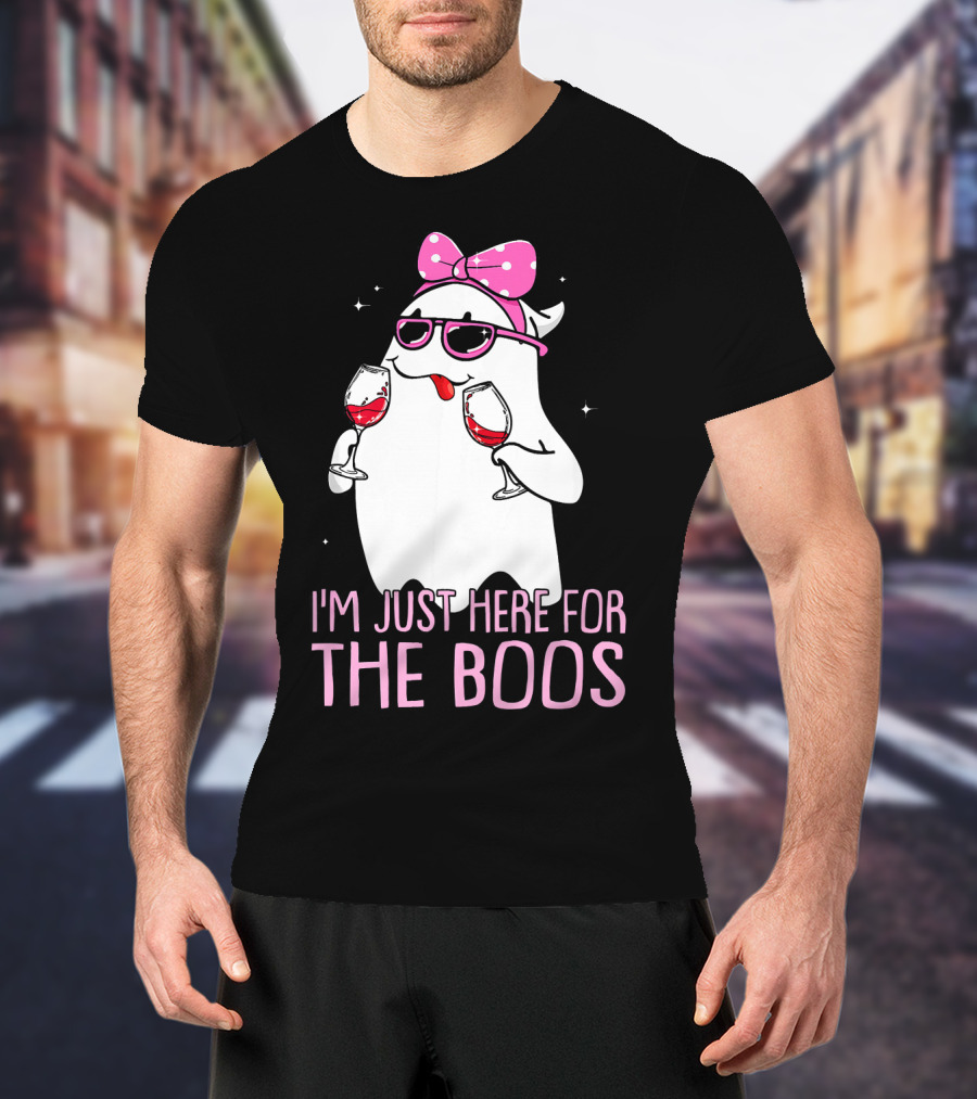 I'm Just Here For The Boos Wine Lover Ghost With Bow And Sunglasses T-Shirt