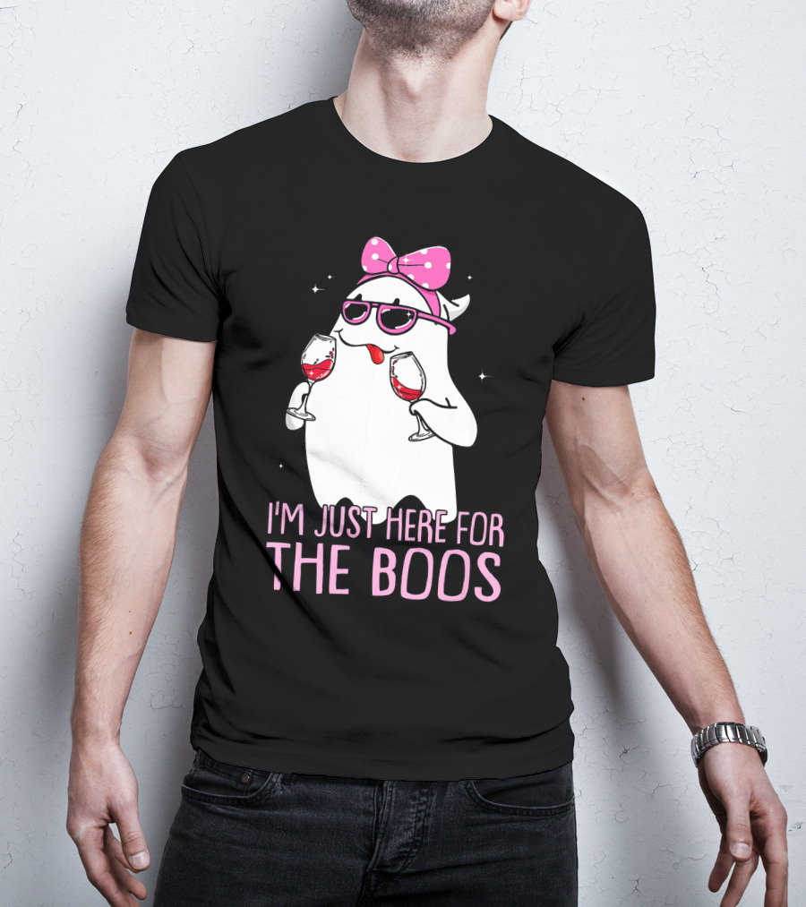 I'm Just Here For The Boos Wine Lover Ghost With Bow And Sunglasses T-Shirt