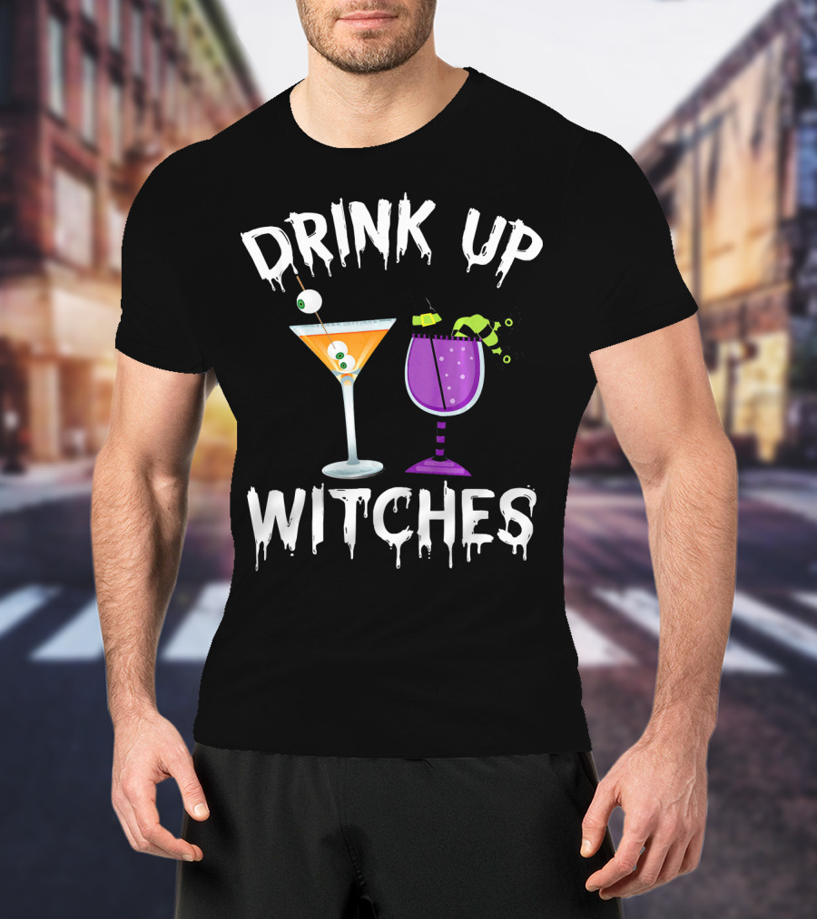 Drink Up Witches Funny Halloween Pun Cocktail Eyeball And Broomstick Drinks T-Shirt