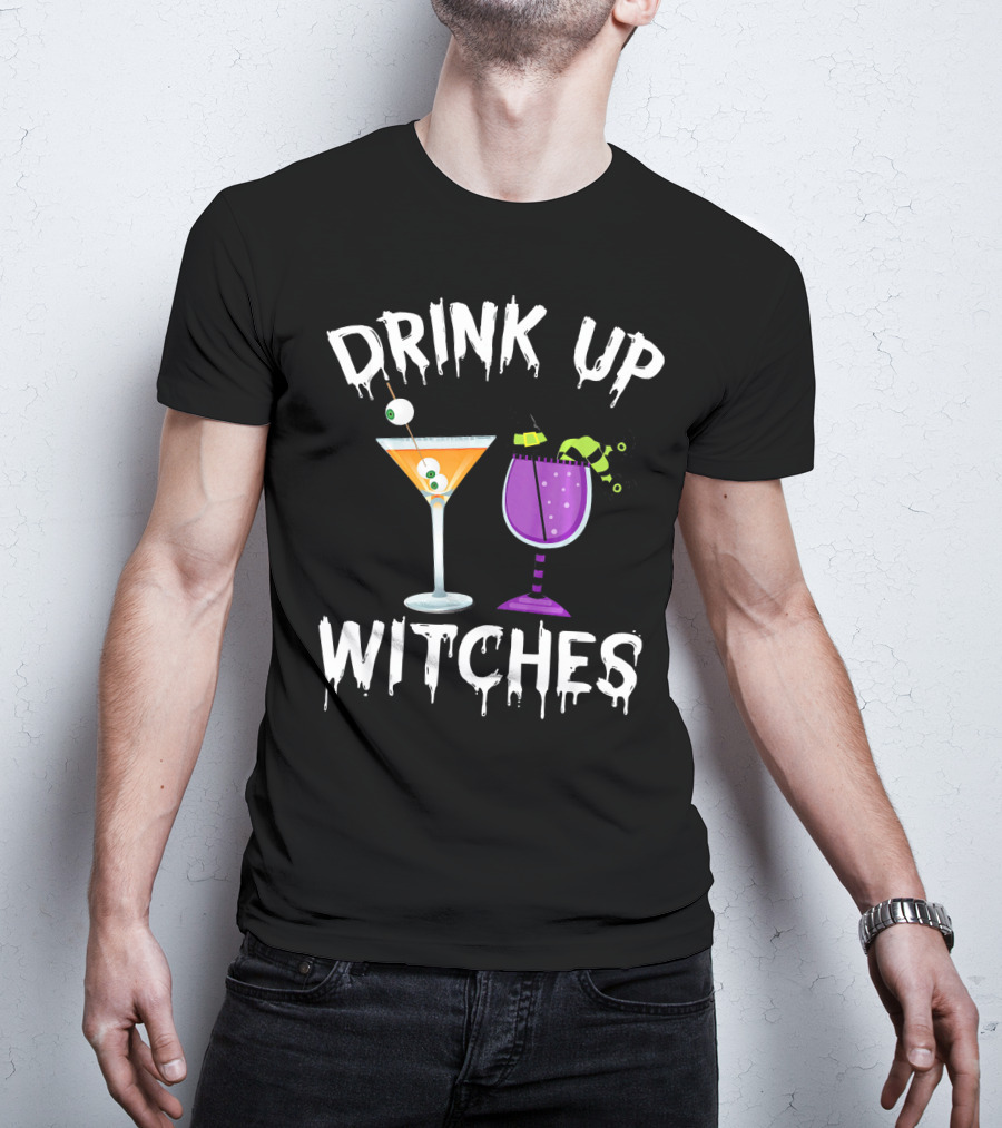 Drink Up Witches Funny Halloween Pun Cocktail Eyeball And Broomstick Drinks T-Shirt