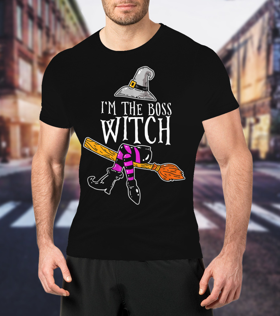 I'm The Boss Witch Funny Halloween Hat Broomstick Boots Striped Socks T-Shirt
