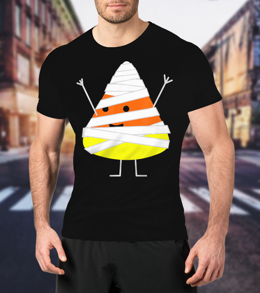 Mummy Wrapped Cartoon Candy Corn Halloween T-Shirt