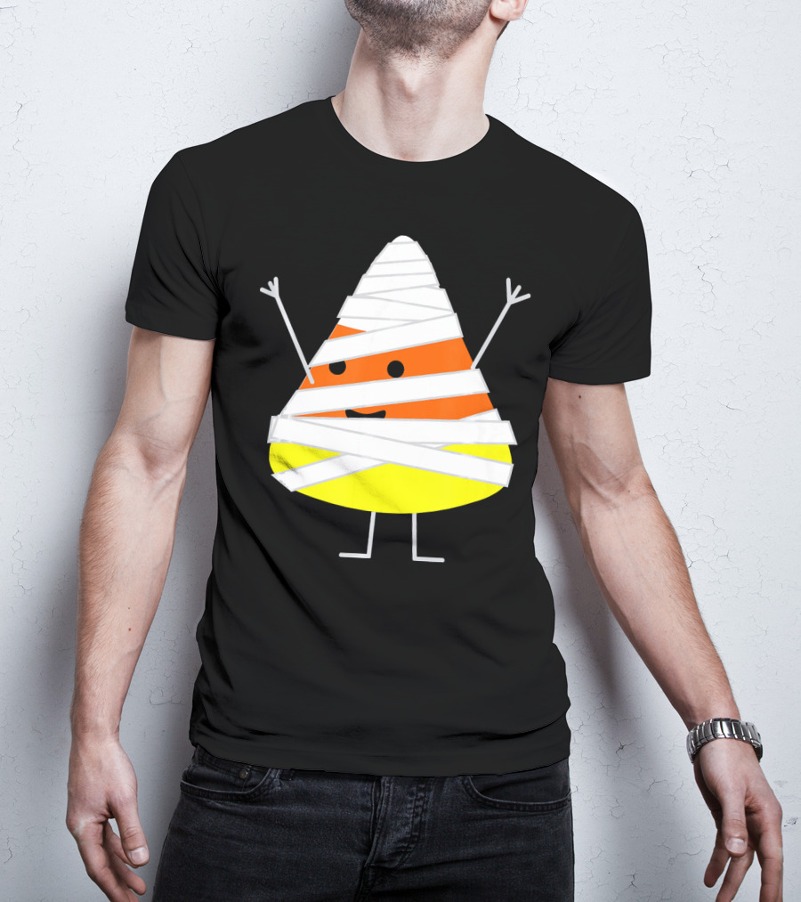 Mummy Wrapped Cartoon Candy Corn Halloween T-Shirt