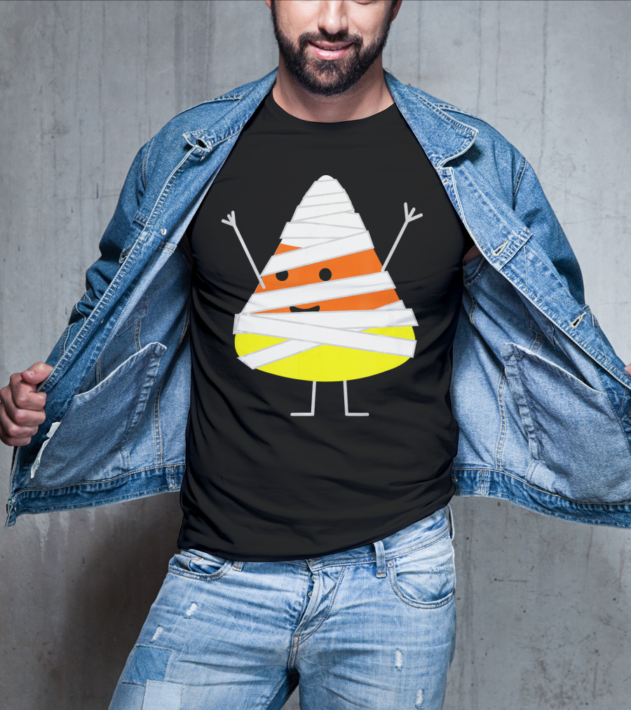 Mummy Wrapped Cartoon Candy Corn Halloween T-Shirt