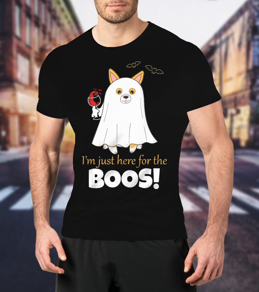 I'm Just Here For The Boos Corgi With Wine And Bat Decorations T-Shirt