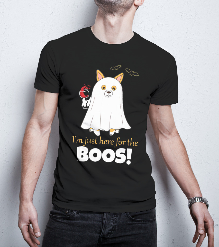 I'm Just Here For The Boos Corgi With Wine And Bat Decorations T-Shirt