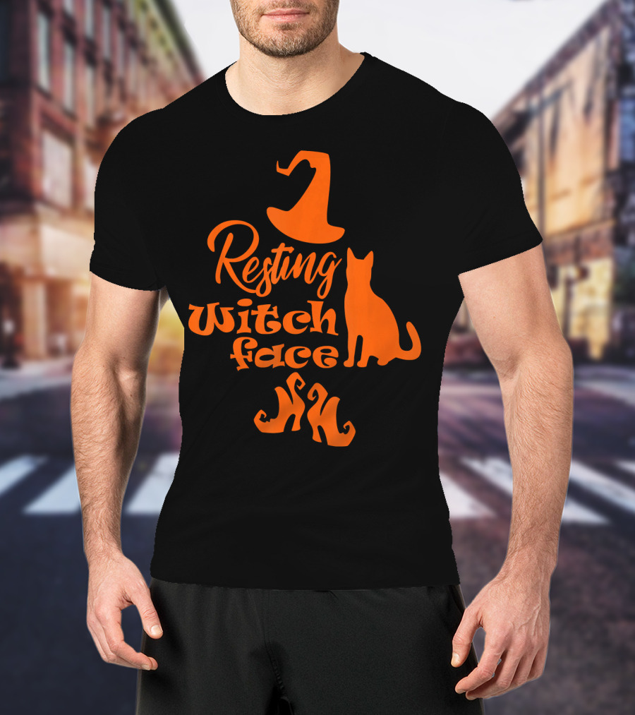 Resting Witch Face Halloween Cat Witch Hat Shoes T-Shirt