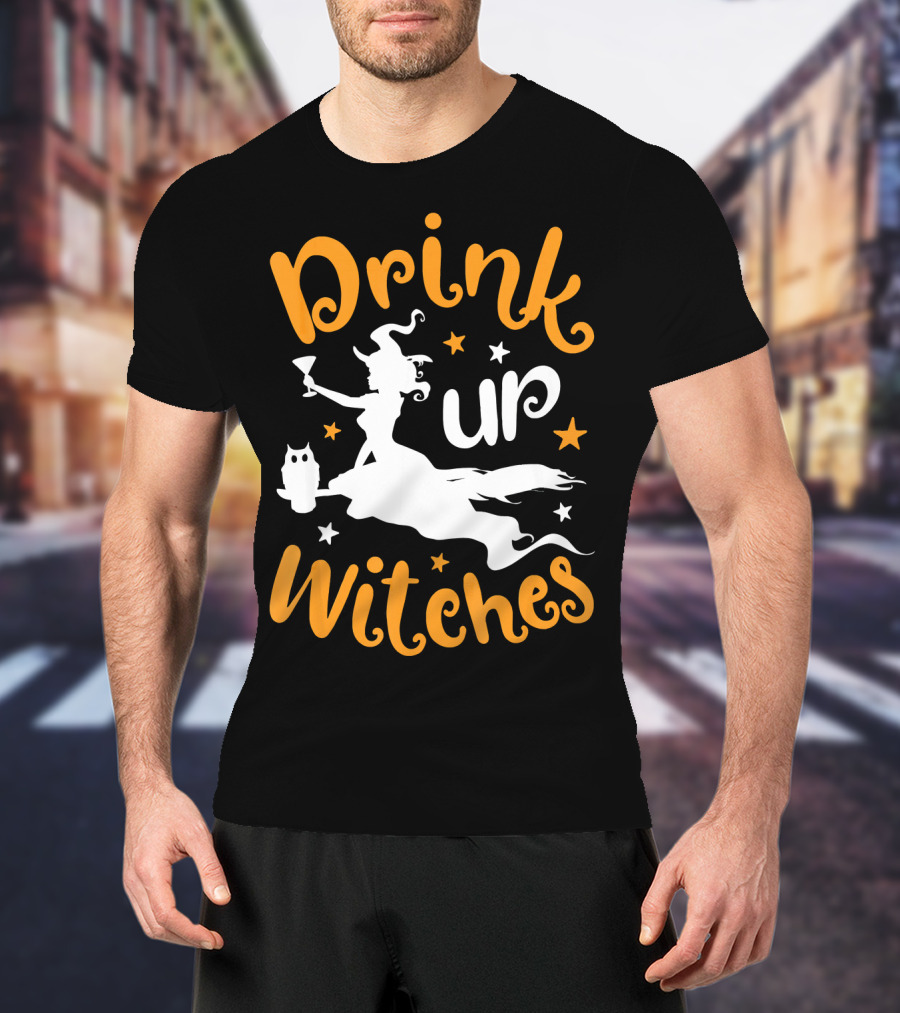 Drink Up Witches Halloween Witch Silhouette With Owl And Stars T-Shirt